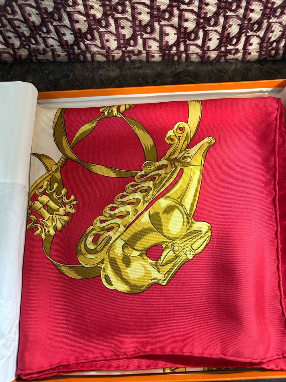 Hermes Silk Scarf in Fuchsia and Gold Equestrian Motif